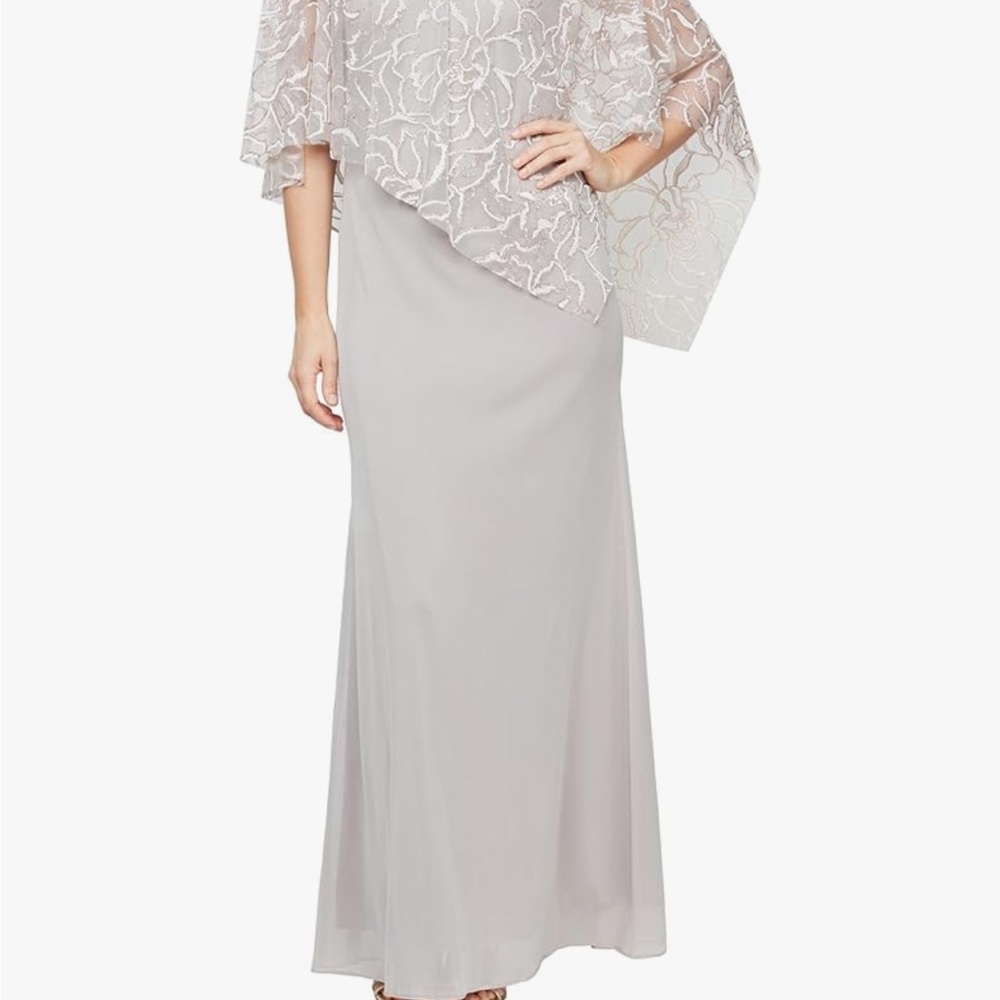 Ignite Evenings Sequin Lace Asymmetric Capelet Formal Gown